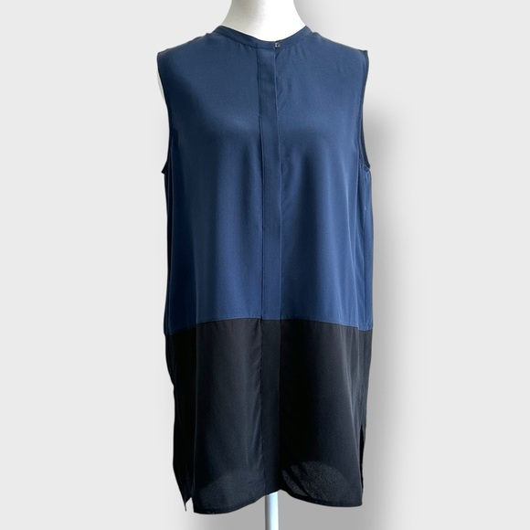 VINCE Tunic Blouse Womens Medium Navy Blue Black 100% Silk Colorblock Sleeveless - Picture 2 of 12